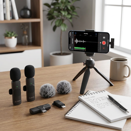 Set x2 Micrófonos Corbateros Inalámbricos Plug & Play para Celular Klasse USB-C + Lightning (KS5101)