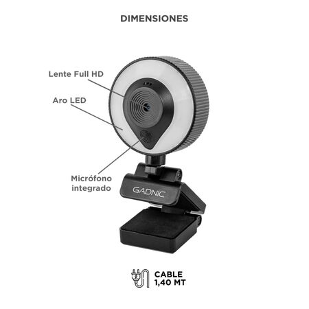 Camara Web Gadnic Full HD 1080P c/ Aro Led Webcam Meet Zoom