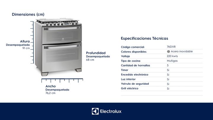 Cocina ELECTROLUX 76DXR 76cm doble horno multigas acero inox - Vista 8