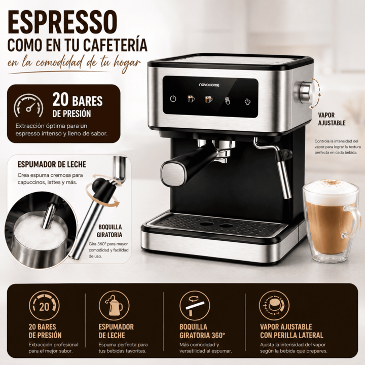 Cafetera Expresso Tactil 1.7L 20 Bar Novohome C/Vaporizador - Vista 3