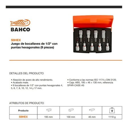 Set de 9 Tubos Allen Bahco Cortos 1/2 Pulgada 4 a 17mm