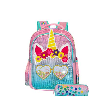  Mochila Escolar Reforzada + Cartuchera Nena Kawaii Unicornio Lentejuelas Primaria