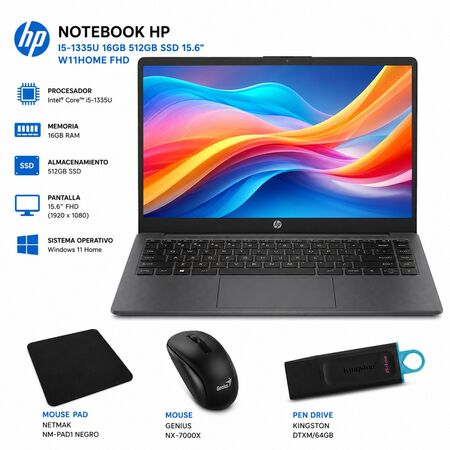 COMBO NOTEBOOK  HP 250 G9. PROCESADOR INTEL CORE 5 1334U -16 GB RAM y SSD DE 512GB  +WIN 11 + MOUSE INALAMBRICO +  MOUSE PAD + PEN DRIVE DE 64 GB.