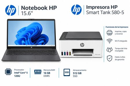 COMBO ORIGINAL HP NOTEBOOK EMPRESARIAL+ IMPRESORA MULTIFUCION HP: HP 250 G10 Intel Core 5 120U | 16GB RAM | SSD 512GB | 15.6" + IMPRESORA TANK 580 HP