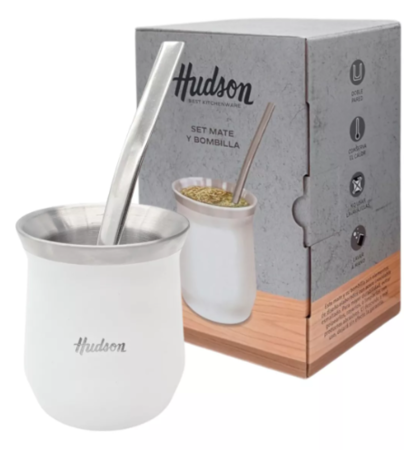 Mate Hudson Blanco Vaso Acero Doble Pared Bombilla