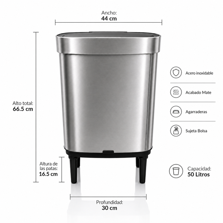 Cesto Tacho Basura Presión 50 Lts con Pie Acero Inoxidable Mate ASTON - Vista 5