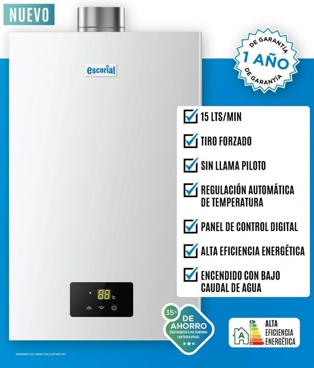 CALEFON ESCORIAL CE15LSMTF 15LTS BLANCO GAS NATURAL SMART TIRO FORZADO - 4609672 - Vista 1