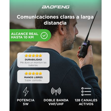 Handy Baofeng UV-5RE Bi-Banda 5w 128CH Hasta 10km + 2 Baterías y Manos Libres