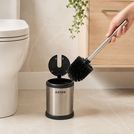 Escobilla Cepillo Baño Inodoro con Soporte Tapa Acero Inox Aston