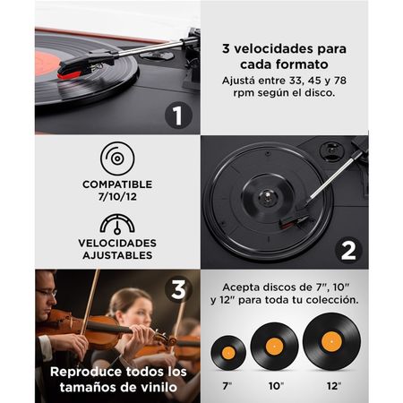 Tocadiscos Gadnic Soundix7 Retro Bluetooth 3 Velocidades FM USB