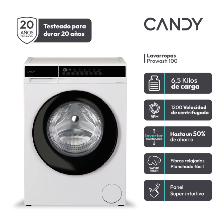 LAVARROPA CANDY FRONTAL EY26SB7 PROWASH 100 6.5KG 1200 RPM BLANCO INVERTER - Vista 3