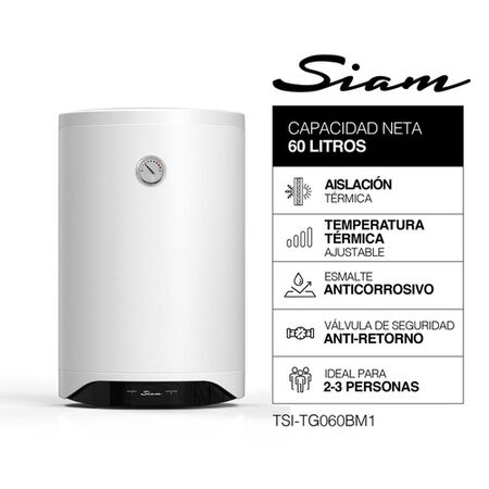 Termotanque Eléctrico Siam 60Lts Conexión De Agua Inferior Blanco TSI-TG060BM1