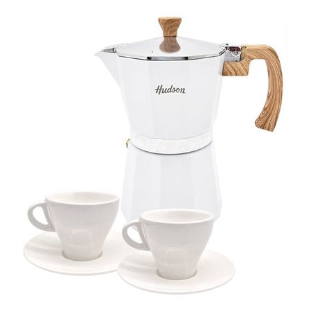 Set Cafetera Italiana + 2 Platos + 2 Pocillos Cerámica White