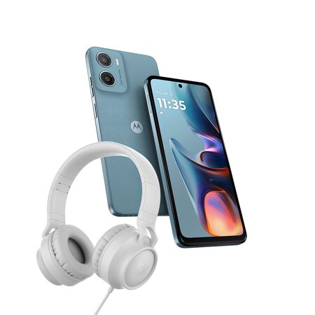 Combo Celular Motorola Moto E15 Misty Blue 2+64gb + Auriculares Over Ear Vincha USB-C Blanco