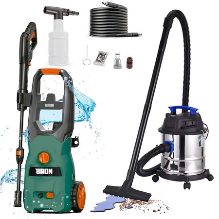 Kit De Hidrolavadora 110 Bar Y Aspiradora Portátil 20L 1200W Gadnic