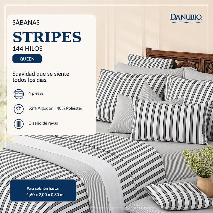 Juego de sábanas Danubio Stripes Queen 2 1/2 Plaza 144 Hilos - Vista 3