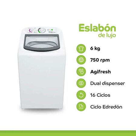 LAVARROPAS AUTOMATICO ESLABON DE LUJODE  6 KILOS A PALETA CARGA SUPERIOR