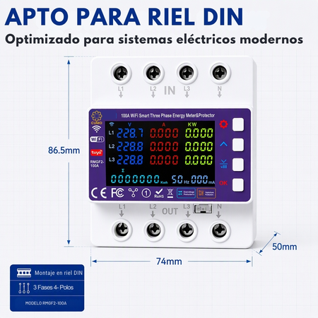 Protector Trifasico Smart Wifi 100a Medidor Consumo Riel Din