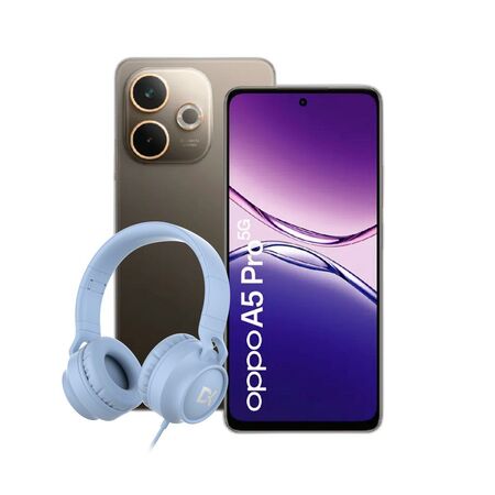 Combo Oppo A5 Pro 5G 8+256GB Mocha + Auricular Dekkin Vincha USB-C Celeste