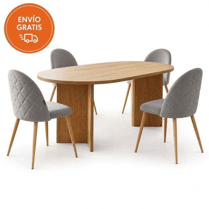 Combo Mesa Zaragoza 160x80 + 4 Sillas Cheers Tapizadas en Pana Gris - Vista 1