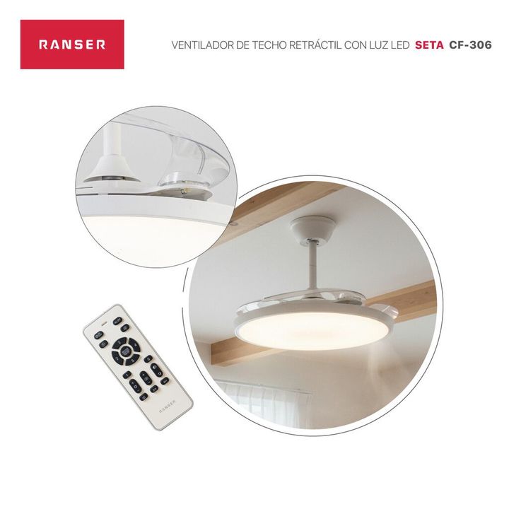 Ventilador de Techo Retractil RANSER ZETA CF-306 Luz Led Slim Blanco - Vista 3