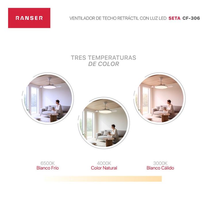 Ventilador de Techo Retractil RANSER ZETA CF-306 Luz Led Slim Blanco - Vista 4