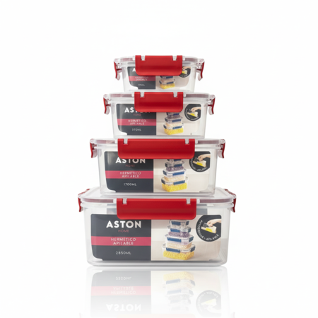 Set x 4 Tapers Herméticos Apilables Antiderrame Rectangulares Rojos