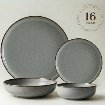 Vajilla 16 piezas Plato Playo Postre Bowl Porcelana Filo Envejecido Gris