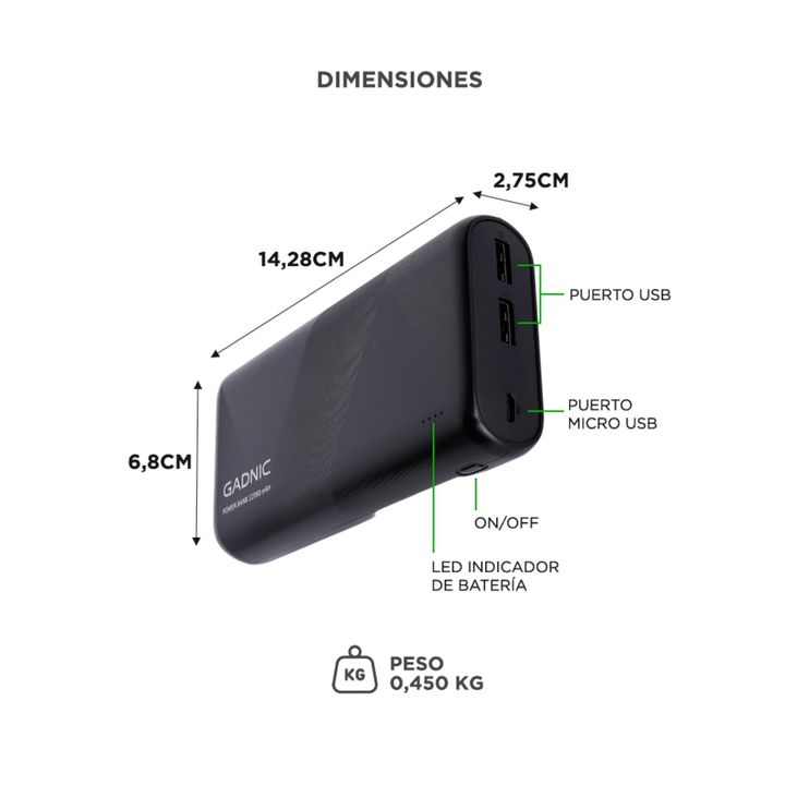 Cargador Portátil Gadnic Energy Power 22000 mAh 2 USB Carga Rápida - Vista 6