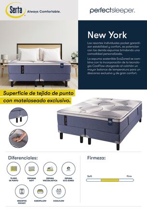Promo Colchon Serta New York 1 Plaza y media 100x190 Con Pillow Viscoelastico + Sommier de Regalo