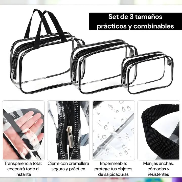 Set 3 bolsos neceseres transparentes organizadores multiuso - Vista 2