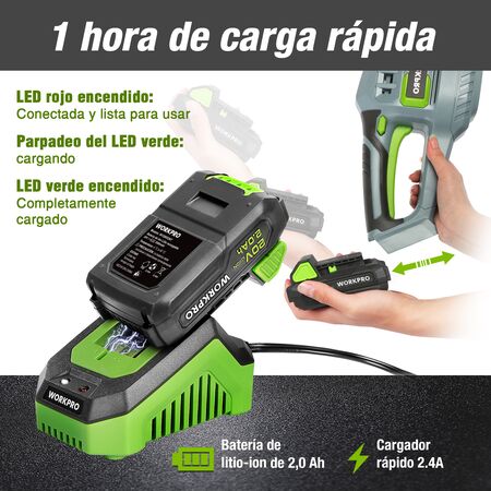 Podadora inalámbrica 20V Workpro con bateria de 2Ah y cargador