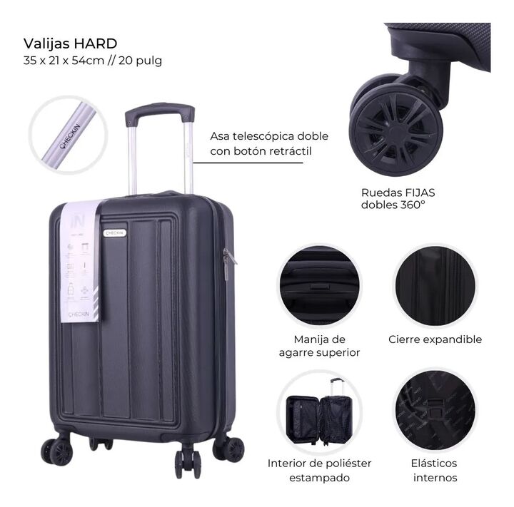 Valija Hard Check In Negro 20 Pulg Expandible - 40053 - Vista 8