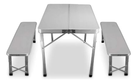 Mesa De Camping Plegable Kushiro Aluminio Con 2 Bancos Plateado