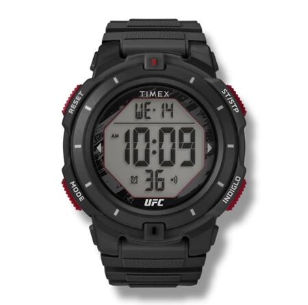 RELOJ DIGITAL TIMEX  LINEA UFC, MALLA NEGRA, BOTONES ROJOS , ROBUSTO (RTX0636) (TW5M59600)