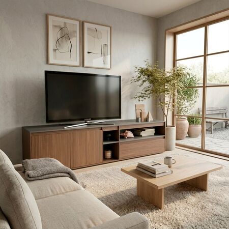 Rack Tv 2,00m. 1 Cajon 2 Puertas Nogal L.|gris C. Tables