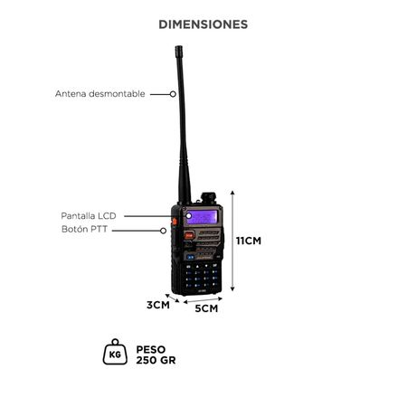 Handy Baofeng UV-5RE Bi-Banda 5w 128CH Hasta 10km + 2 Baterías y Manos Libres