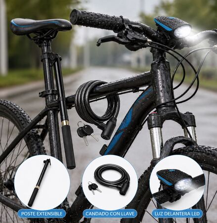 Combo bici: luz bicicleta con bocina + inflador bici + linga