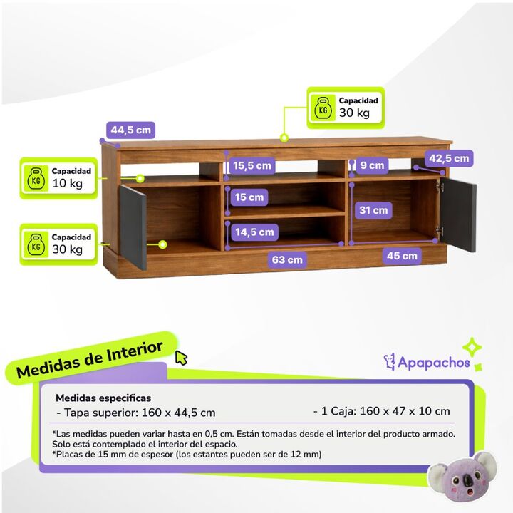 Rack para TV Reforzado 2 Puertas y 3 Estantes Grafito Teca Maximo Milan - Vista 4