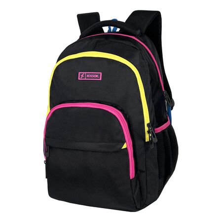 Mochila Kossok Piem - Gran Capacidad - Urbana - Super Reforz Negro Fucsia Amarillo Liso