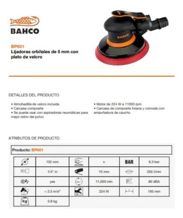 Lijadora Neumatica Bahco Circular Roto Orbital 5 Pulgadas