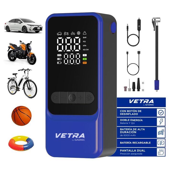 Inflador Portátil Vetra By Gadnic 150 PSI Digital Bateria Recargable Función Desinflado Linterna LED - Vista 1