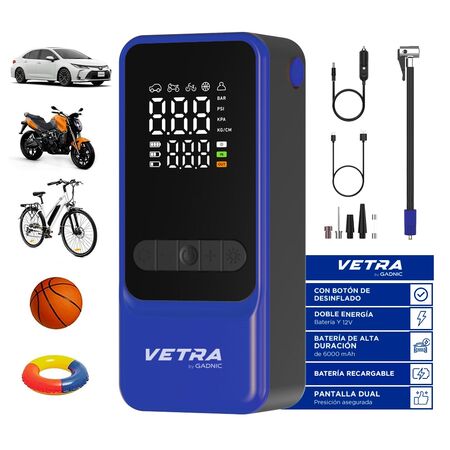 Inflador Portátil Vetra By Gadnic 150 PSI Digital Bateria Recargable Función Desinflado Linterna LED