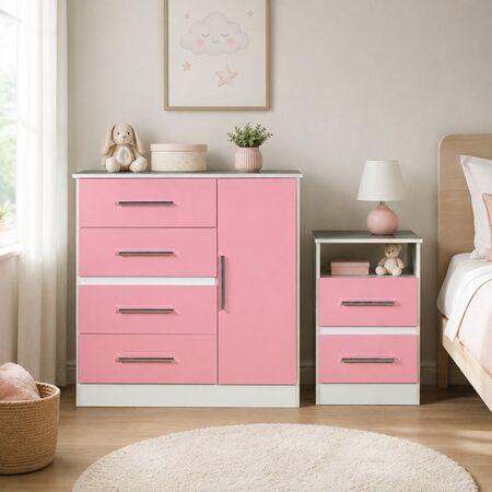 Mesa de luz y Comoda Cajonera Combo Infantil Reforzado Melamina Maximo fortaleza Rosa y Blanco