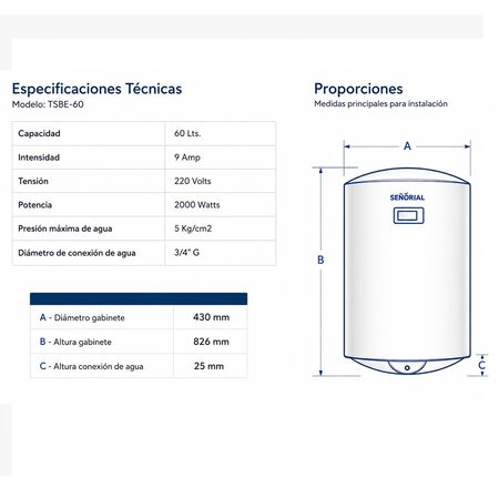 Termotanque Electrico Digital Señorial 60L Carga Inferior TSBE-60