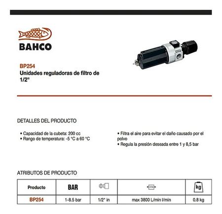 Filtro de Aire Bahco con Trampa de Agua y Regulador