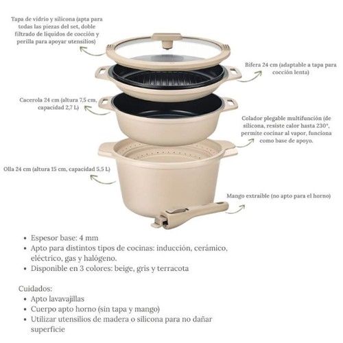 Batería de Cocina Carol Antiadherente 6 en 1 de Aluminio Fundido con Mango Extraíble Beige - Vista 2