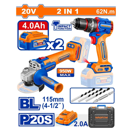 Combo Taladro + Cargador + 2 Baterías WADFOW WDFWCK202734 