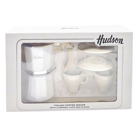 Set Cafetera Italiana + 2 Platos + 2 Pocillos Cerámica White