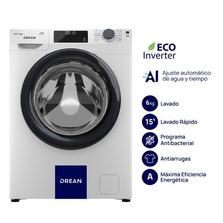 Lavarropas Ecoinverter con IA 6 Kg 1000 RPM Blanco Drean LCFDR0610LB1